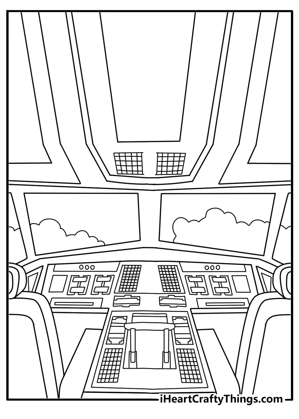 Airplane coloring pages for adults with a detailed cockpit dashboard and pilot seat