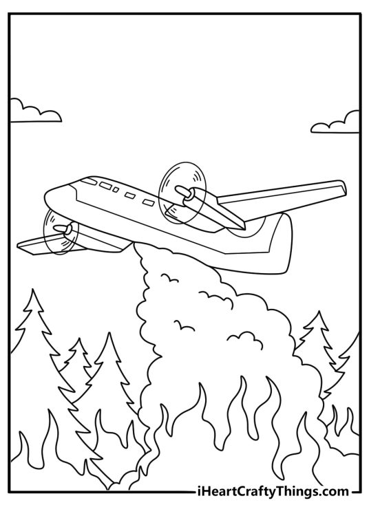 Airplane coloring pages for kids with a rescue plane dropping water over a forest fire