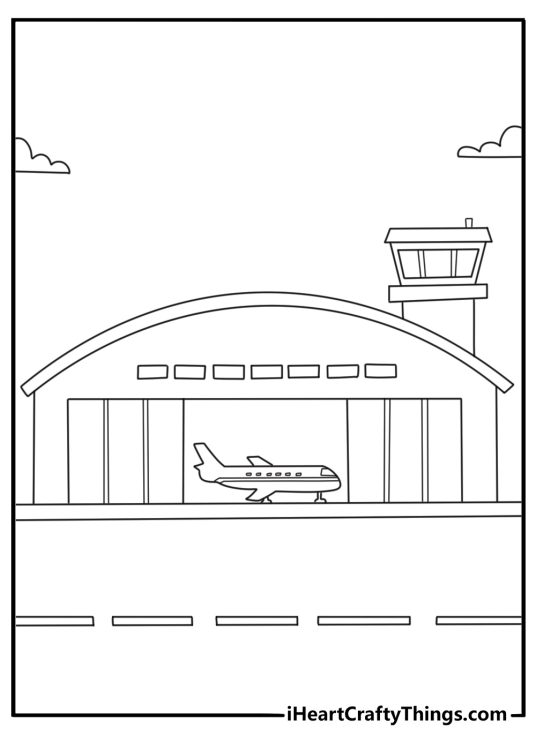 Airplane coloring pages for toddlers with a cartoon plane parked in a hangar