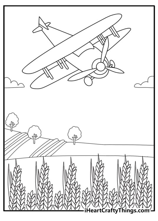 Airplane coloring pages pdf with a biplane flying above farm fields