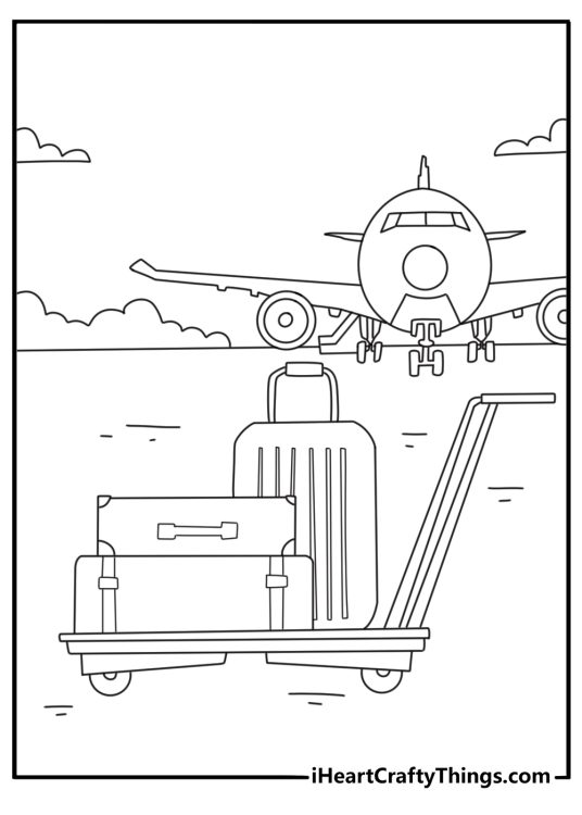 Airplane coloring pages to print for free with an airport luggage cart beside a plane