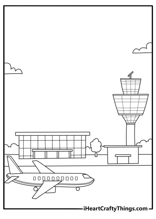 Airplane coloring sheet for kids with a jet plane landing near a control tower