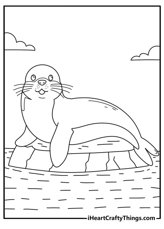 Arctic seal coloring page with seals near floating ice chunks