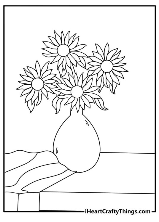 Artist easel with vase of sunflowers studio still life coloring page printable