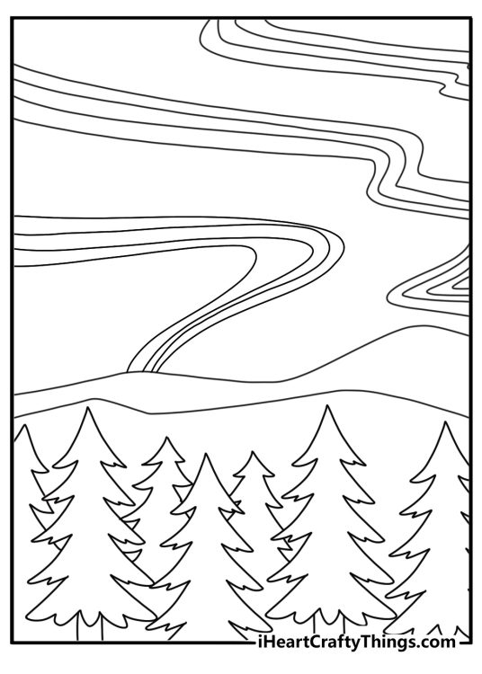 Aurora over pine forest night sky printable coloring page