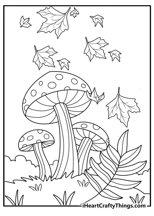 Autumn forest with falling leaves and mushrooms coloring page printable