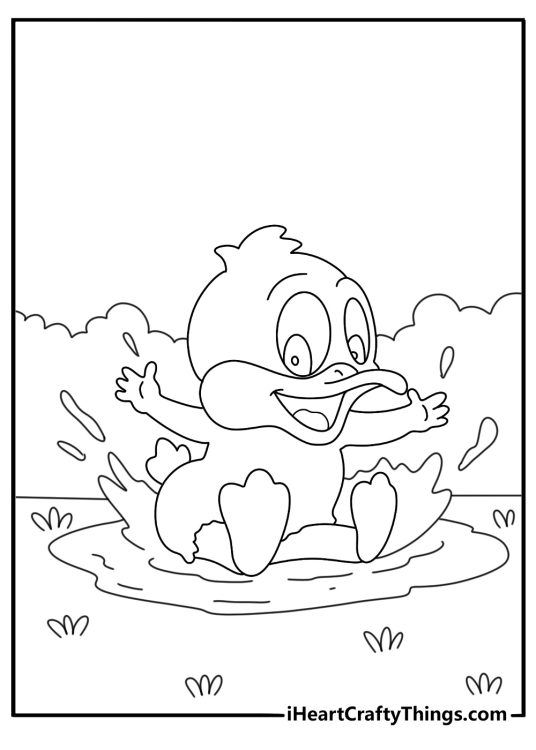Baby Daffy Duck splashing in small puddle simple printable coloring page