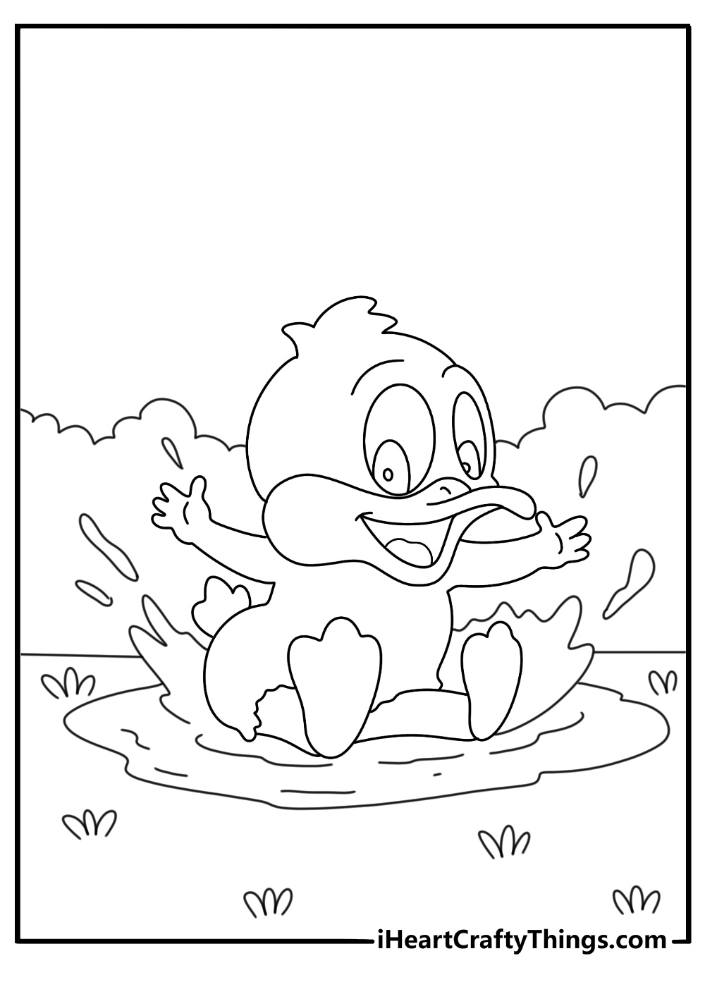 Baby Daffy Duck splashing in small puddle simple printable coloring page