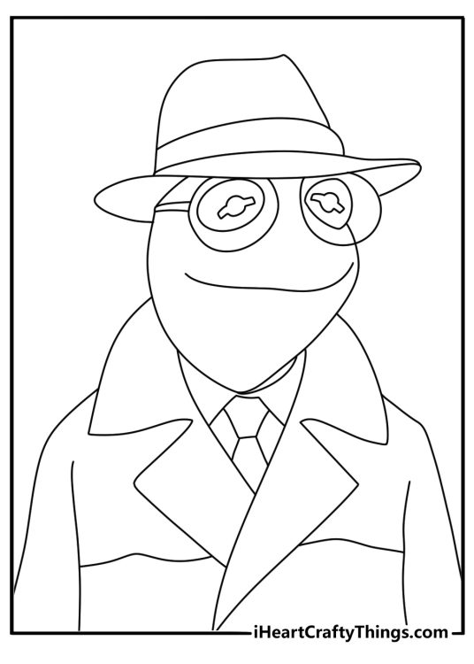 Baby Kermit wears a detective hat in this easy coloring sheet