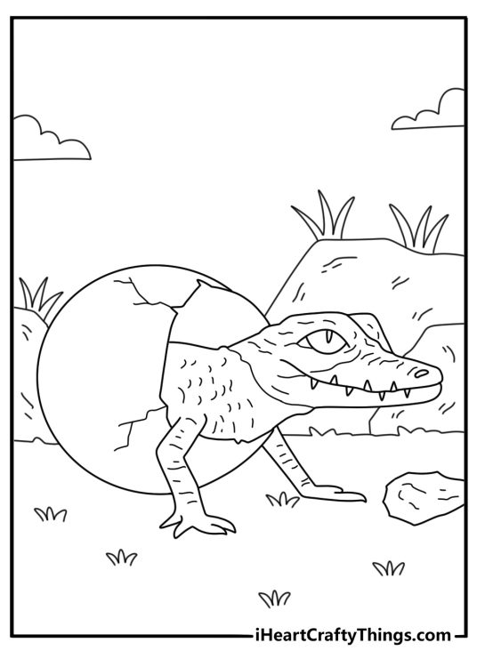 Baby crocodile coloring page with a hatchling coming out of an egg