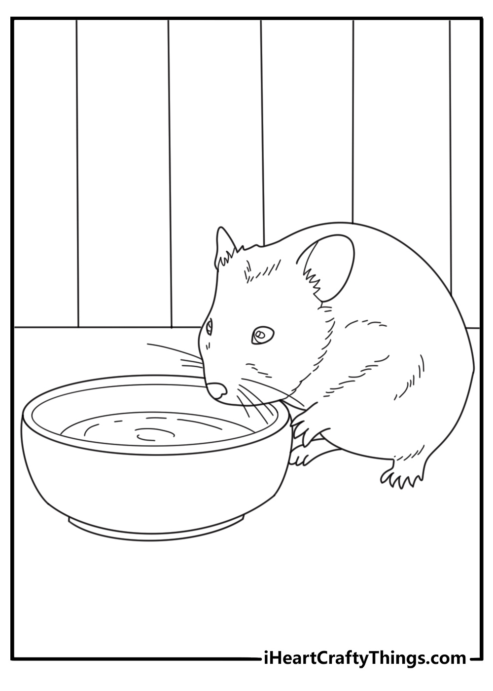 Baby hamster drinking from tiny bowl cute coloring page