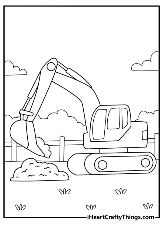 Backhoe loader scooping soil near fence construction coloring page