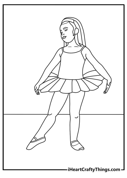 Ballerina coloring page for kids with a dancer practicing first position