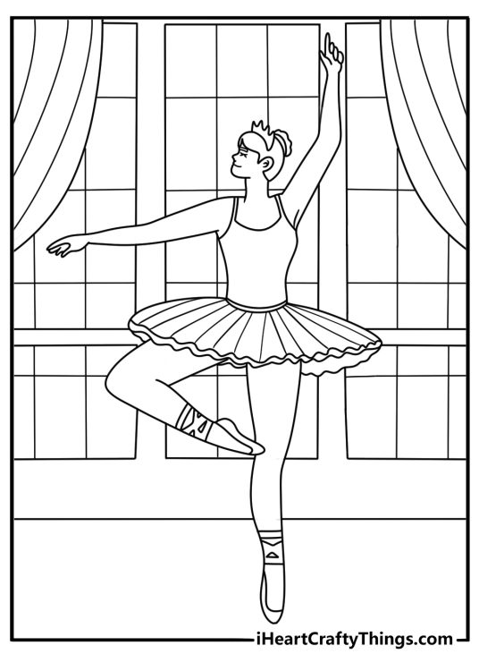 Ballerina coloring page with a ballerina stretching her arms near a window