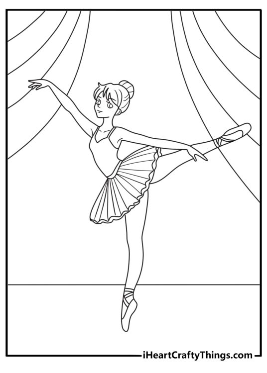 Ballerina coloring page with a dancer performing a graceful arabesque on stage