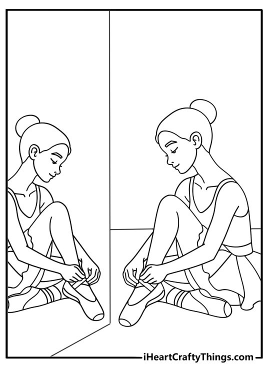 Ballerina coloring page with a dancer tying pointe shoes beside a mirror