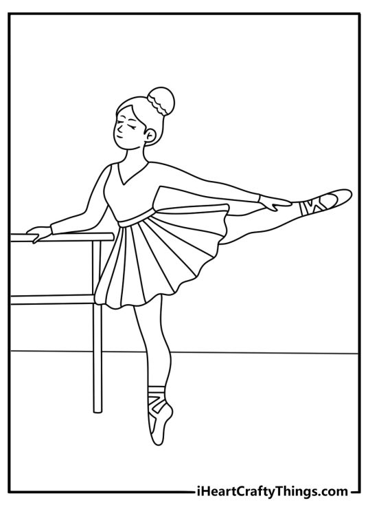 Ballerina coloring pages for kids with a dancer at a studio barre