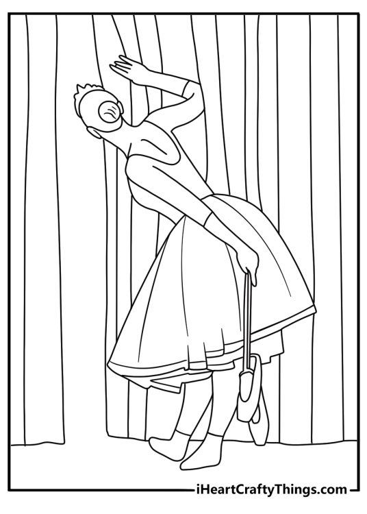 Ballerina coloring pages scene with a dancer waiting behind stage curtains
