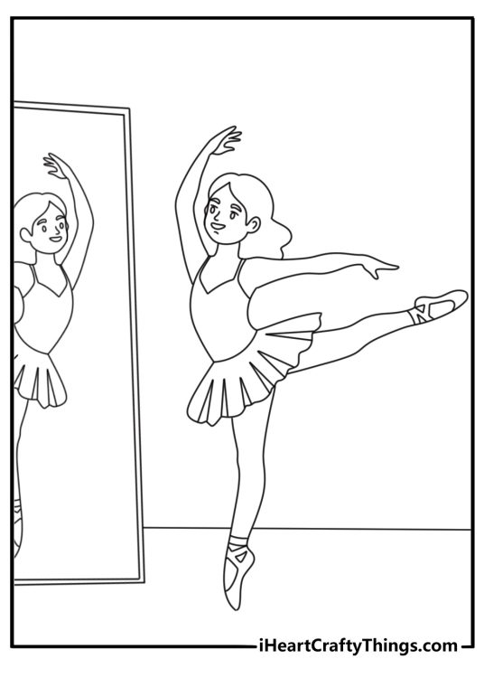 Ballerina coloring printable with a dancer rehearsing in front of a wall mirror