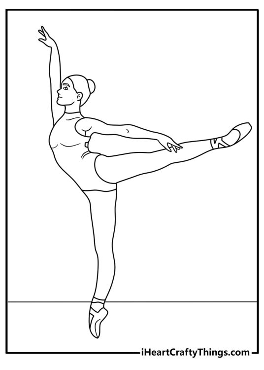 Ballerina coloring sheet with a dancer holding a soft arabesque pose