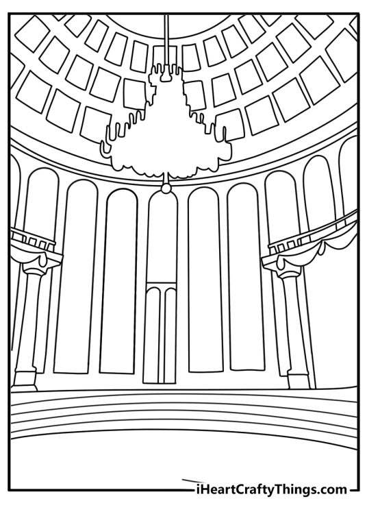 Ballroom chandelier and sweeping staircase interior scene decorative coloring sheet PDF