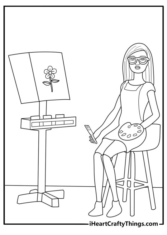 Barbie artist at easel painting flowers detailed coloring sheet pdf