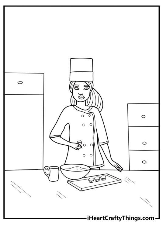 Barbie chef baking cupcakes kawaii coloring page for kids