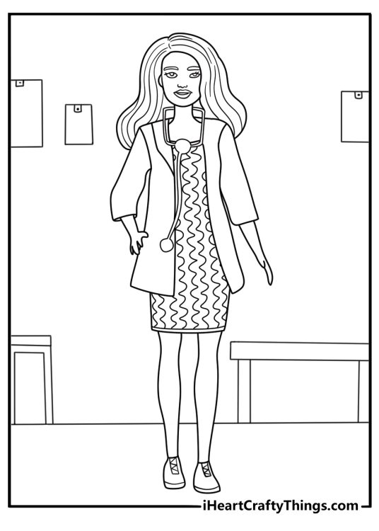 Barbie doctor in clinic with stethoscope easy coloring printable