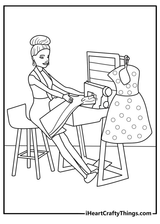 Barbie fashion designer at sewing machine cute coloring page for kids