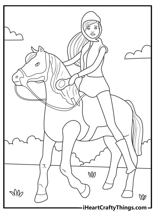 Barbie horseback rider at riding arena printable coloring page