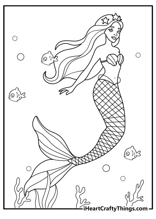 Barbie mermaid under the sea cute coloring sheet for kids