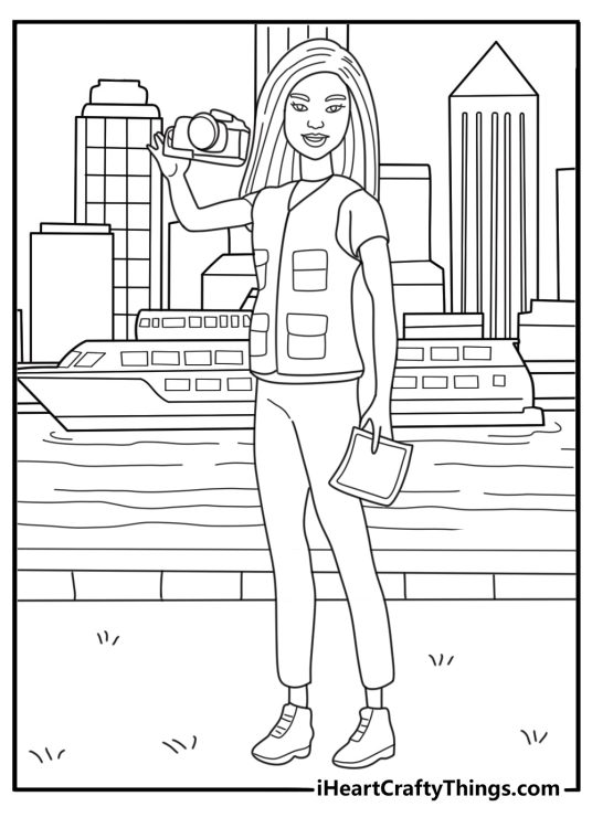 Barbie photographer with camera city view detailed coloring sheet download