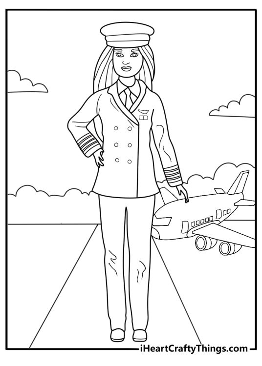 Barbie pilot beside small airplane easy coloring sheet pdf
