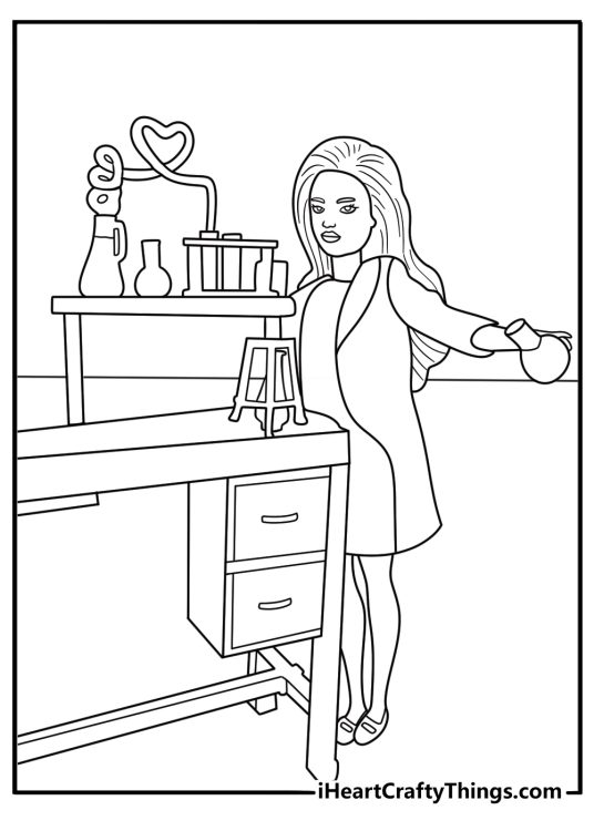 Barbie scientist mixing beaker in lab coloring page printable