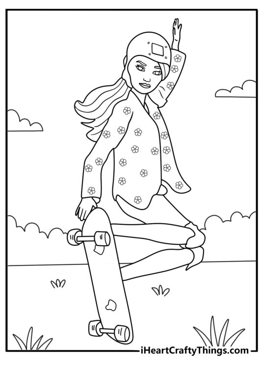 Barbie skateboard trick at skate park printable coloring page for teens