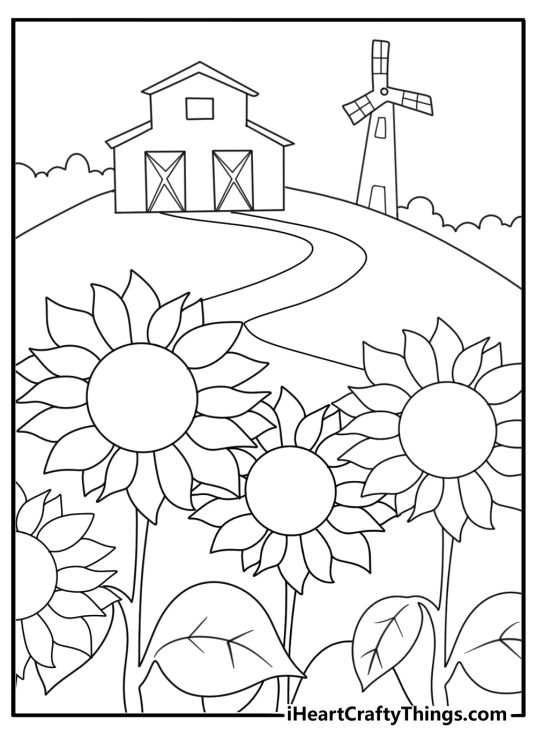 Barn and windmill behind tall sunflower detailed coloring page for adults
