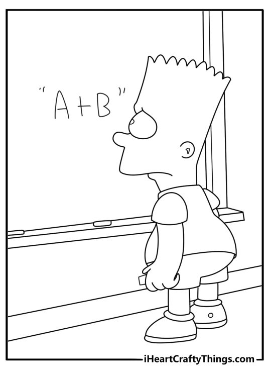 Bart Simpson writing on classroom chalkboard easy coloring page