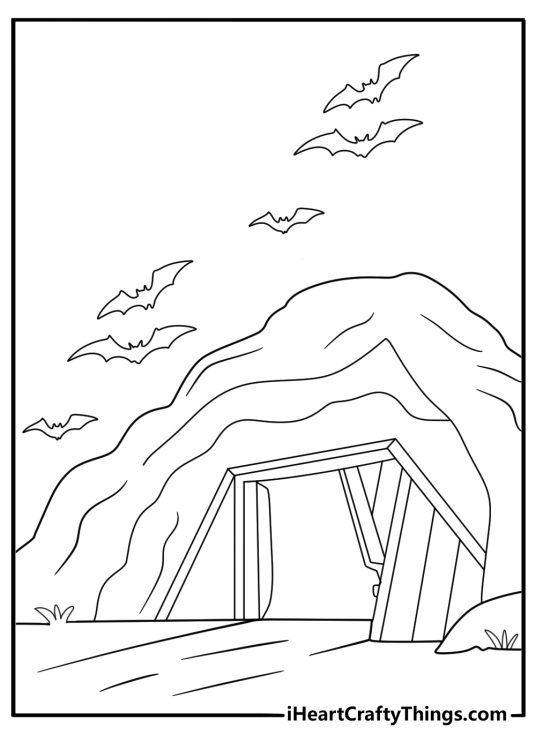 Bat colony printable coloring page emerging from cave entrance