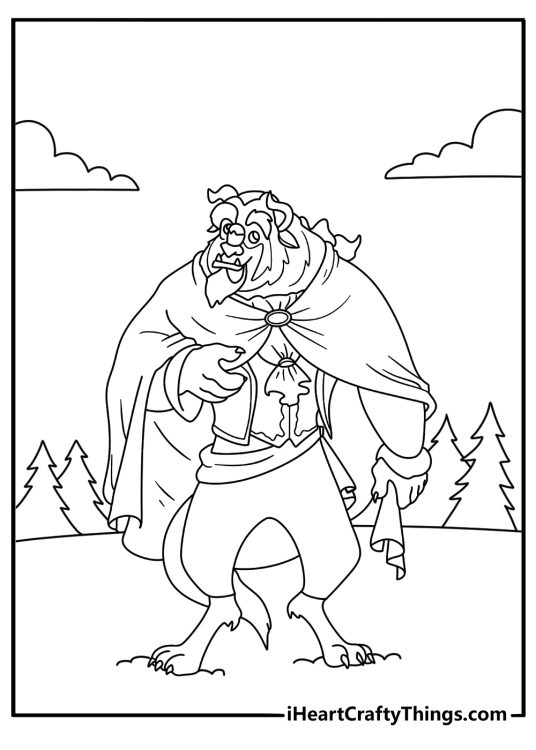 Beast in winter cloak walking through snow near pine trees detailed coloring page for adults
