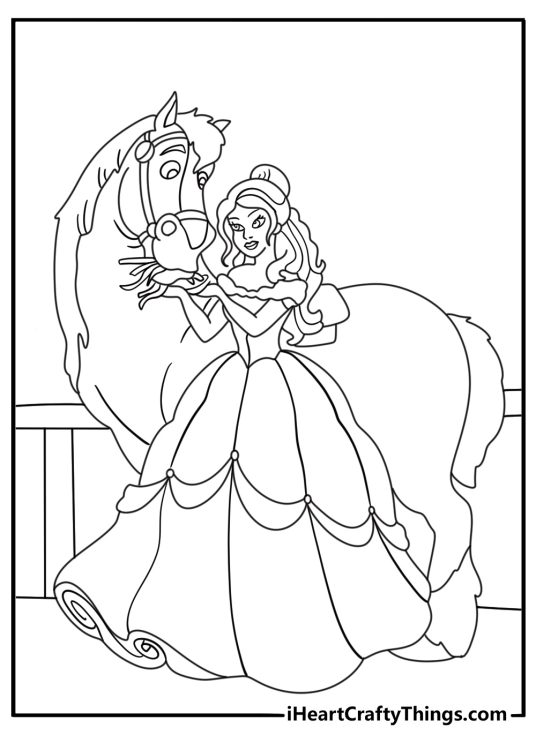 Belle coloring page for kids with Belle feeding a horse near a cottage