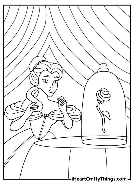 Belle coloring page with Belle looking at the Beast in the rose room