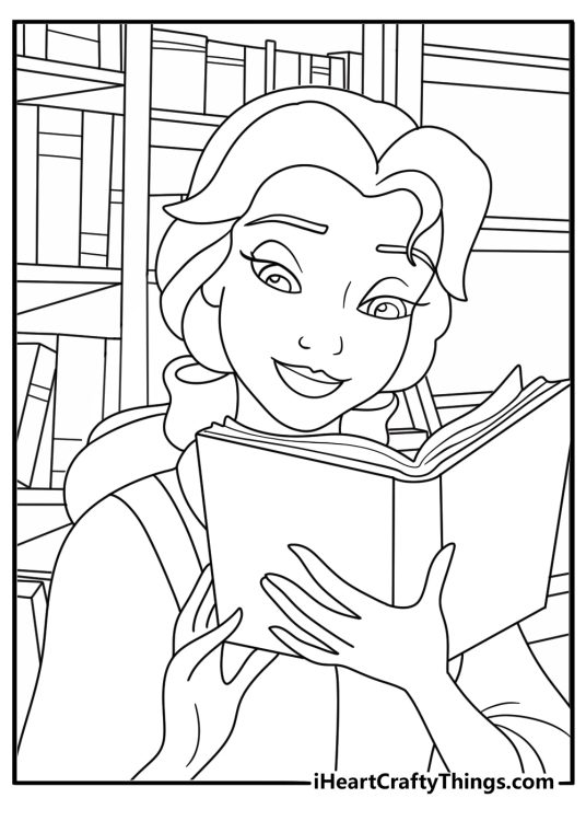 Belle coloring page with Belle reading a book in the castle library