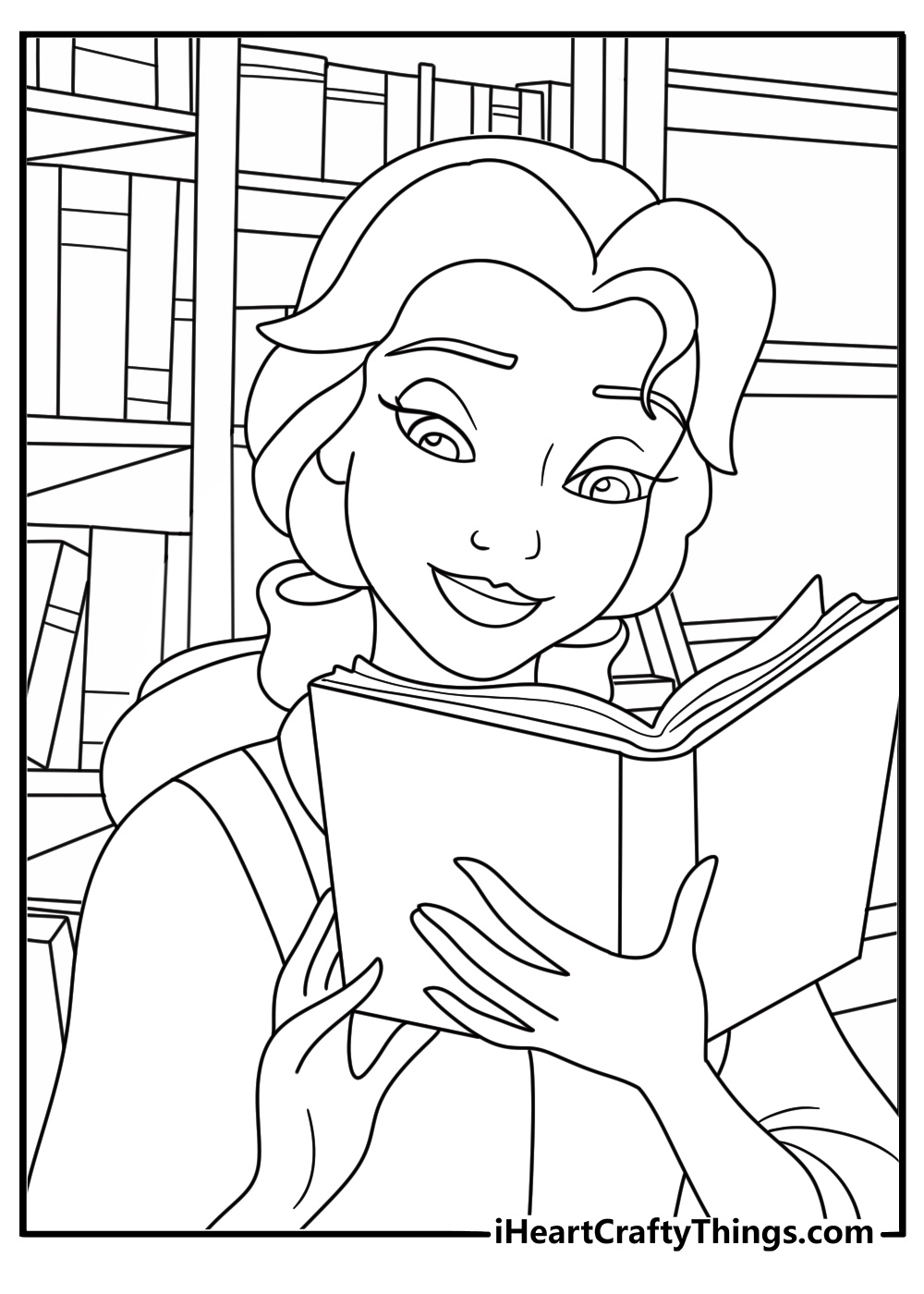 Belle coloring page with Belle reading a book in the castle library