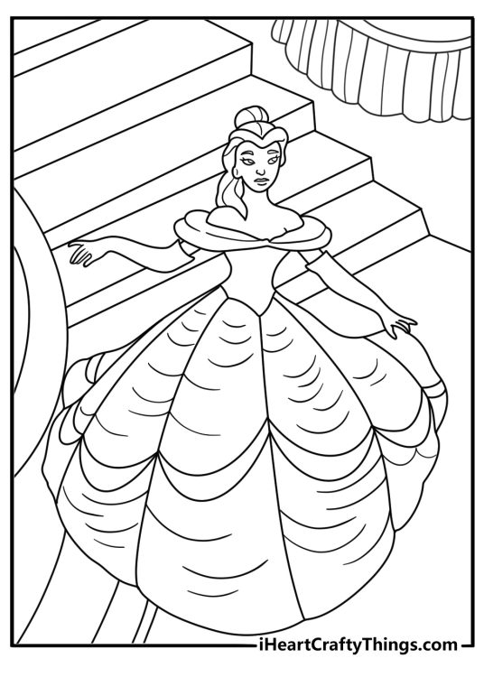 Belle coloring pages scene with Belle entering an enchanted castle hallway