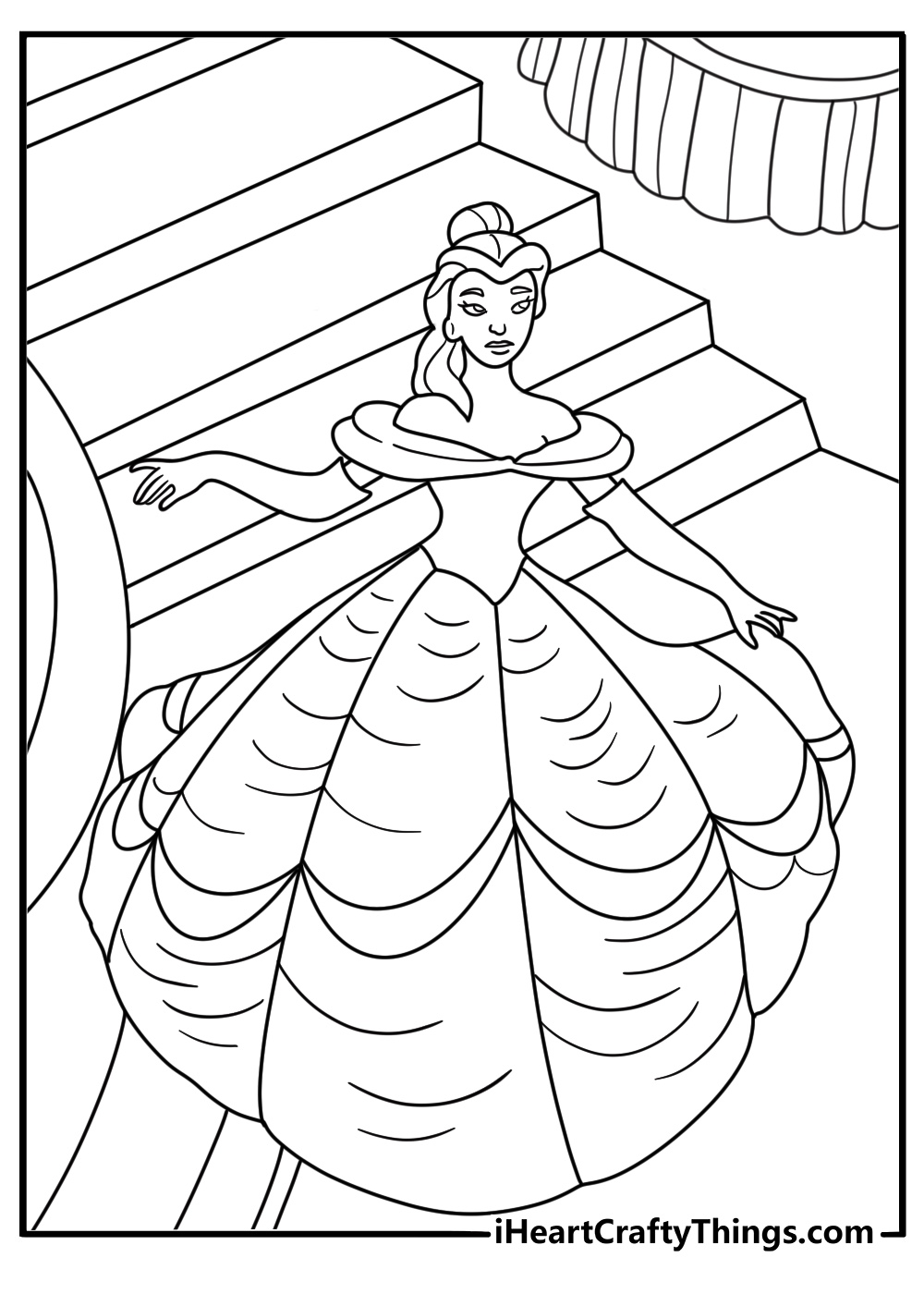 Belle coloring pages scene with Belle entering an enchanted castle hallway