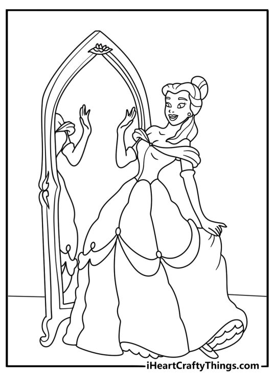 Belle coloring printable with Belle standing beside a magic mirror