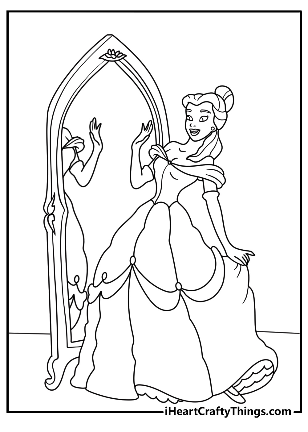 Belle coloring printable with Belle standing beside a magic mirror