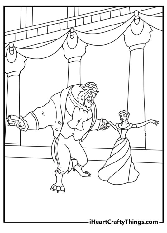 Belle coloring sheet with Belle beside the Beast in a ballroom