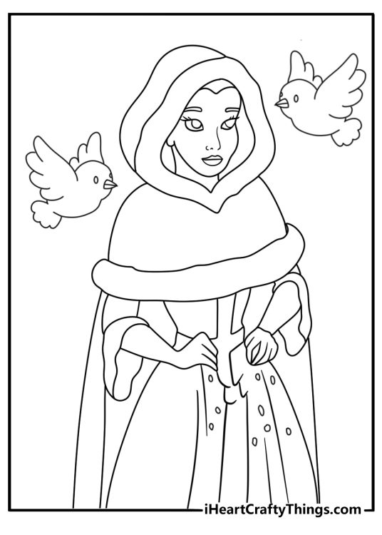 Belle in a winter coat feeding birds in the snowy courtyard cute kawaii coloring printable