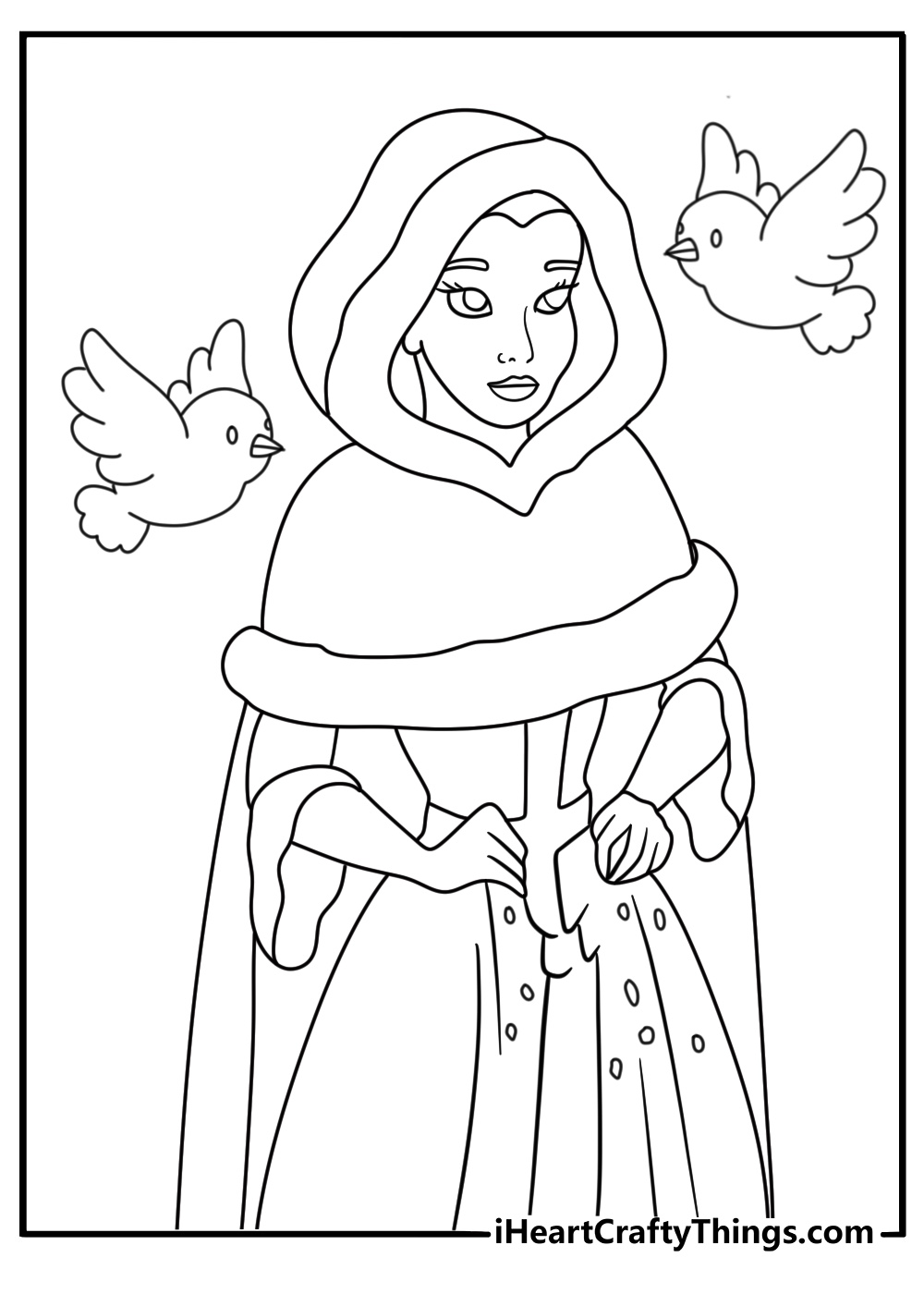 Belle in a winter coat feeding birds in the snowy courtyard cute kawaii coloring printable